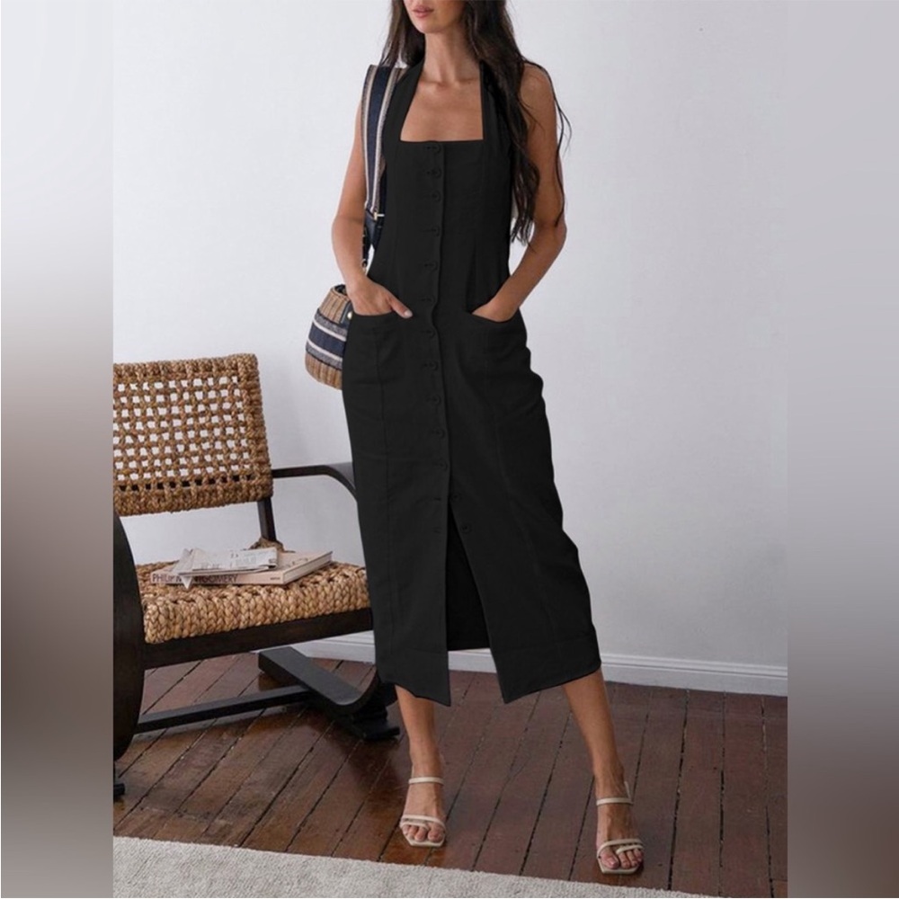 Tied Halter Open Back Cotton Linen Midi Dress - Black